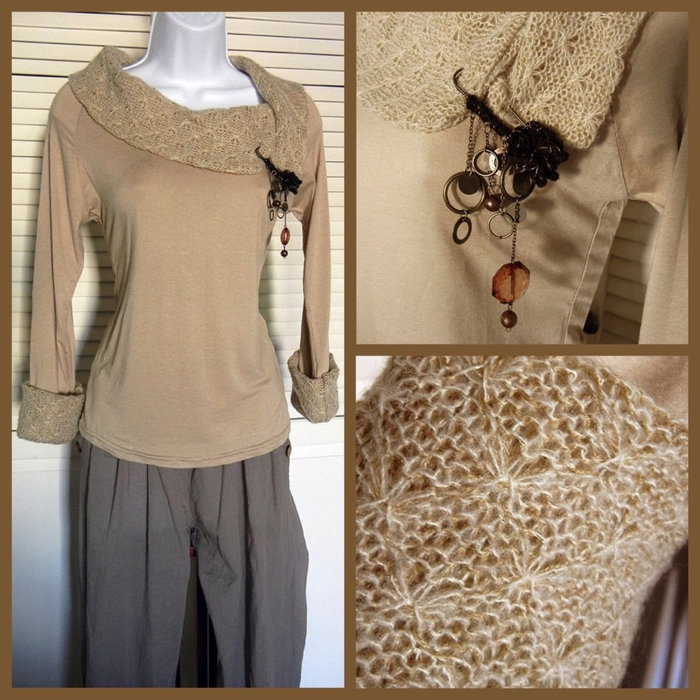 Beige Sweater with Large Knitted Collar Paris Chic